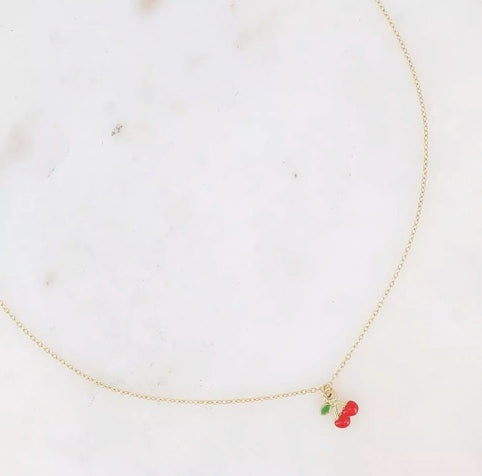 Collier en acier inoxydable doré petit pendentif cerise en émail