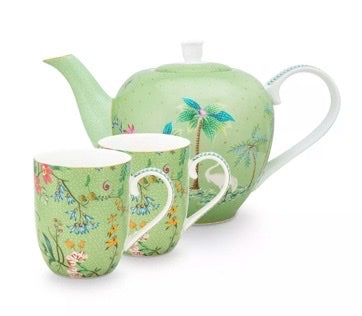 Coffret service à thé 2 grands mugs 350ml & théière 1,6L fleurs Jolie, Pip Studio