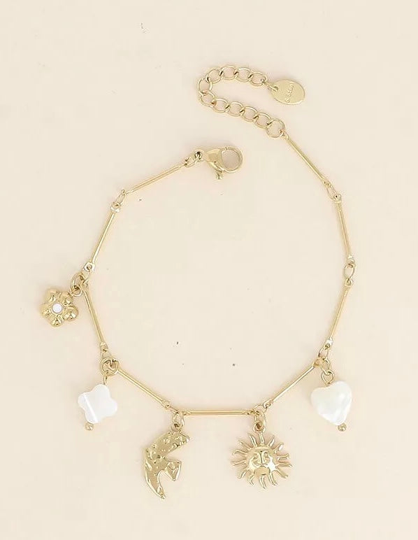 Bracelet, soleil, oiseau, fleur et coeur nacré