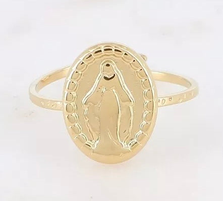 Bague fine pièce ovale avec madone, doré acier inoxydable, Bohm Paris