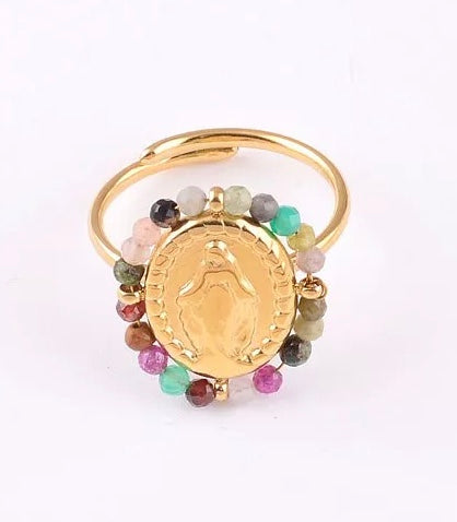 Bague pièce de la Madone, dorée fine et tourmalines