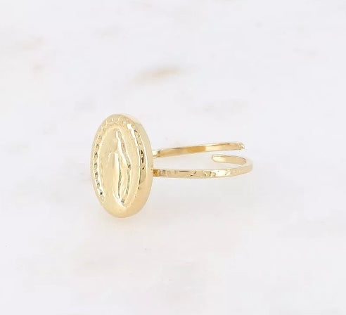 Bague fine pièce ovale avec madone, doré acier inoxydable, Bohm Paris