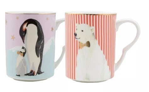 Coffret 2 mugs ours polaire et pingouin NOËL, porcelaine fine, Yvonne Ellen