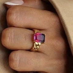 Bague acier ajustable chevalière Cristal fuchsia maille Noël