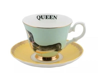 Tasse à thé et soucoupe Teckel daschund, porcelaine fine, Yvonne Ellen