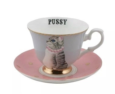 Tasse à thé et soucoupe chat, porcelaine fine, Yvonne Ellen