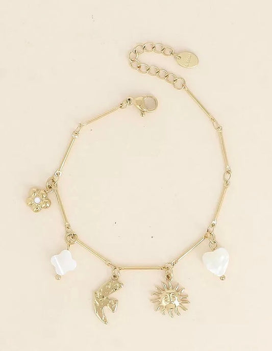 Bracelet, soleil, oiseau, fleur et coeur nacré
