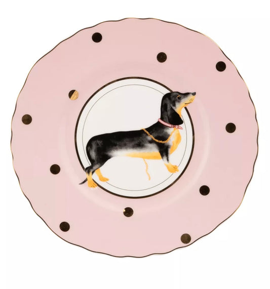 Grande assiette teckel, rose à pois doré, porcelaine Yvonne Ellen