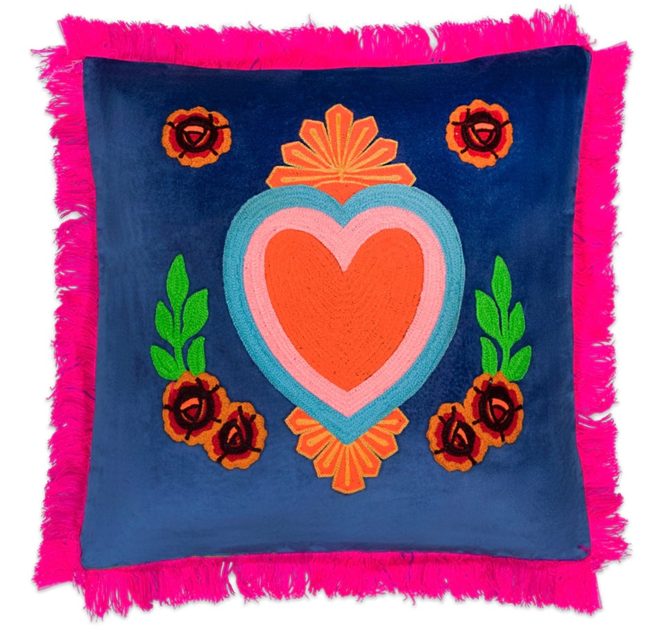 Coussin Milagro avec franges bleu profond, Mexique, Kitsch Kitchen