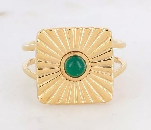 Bague Félise dorée, carée striée et agate verte